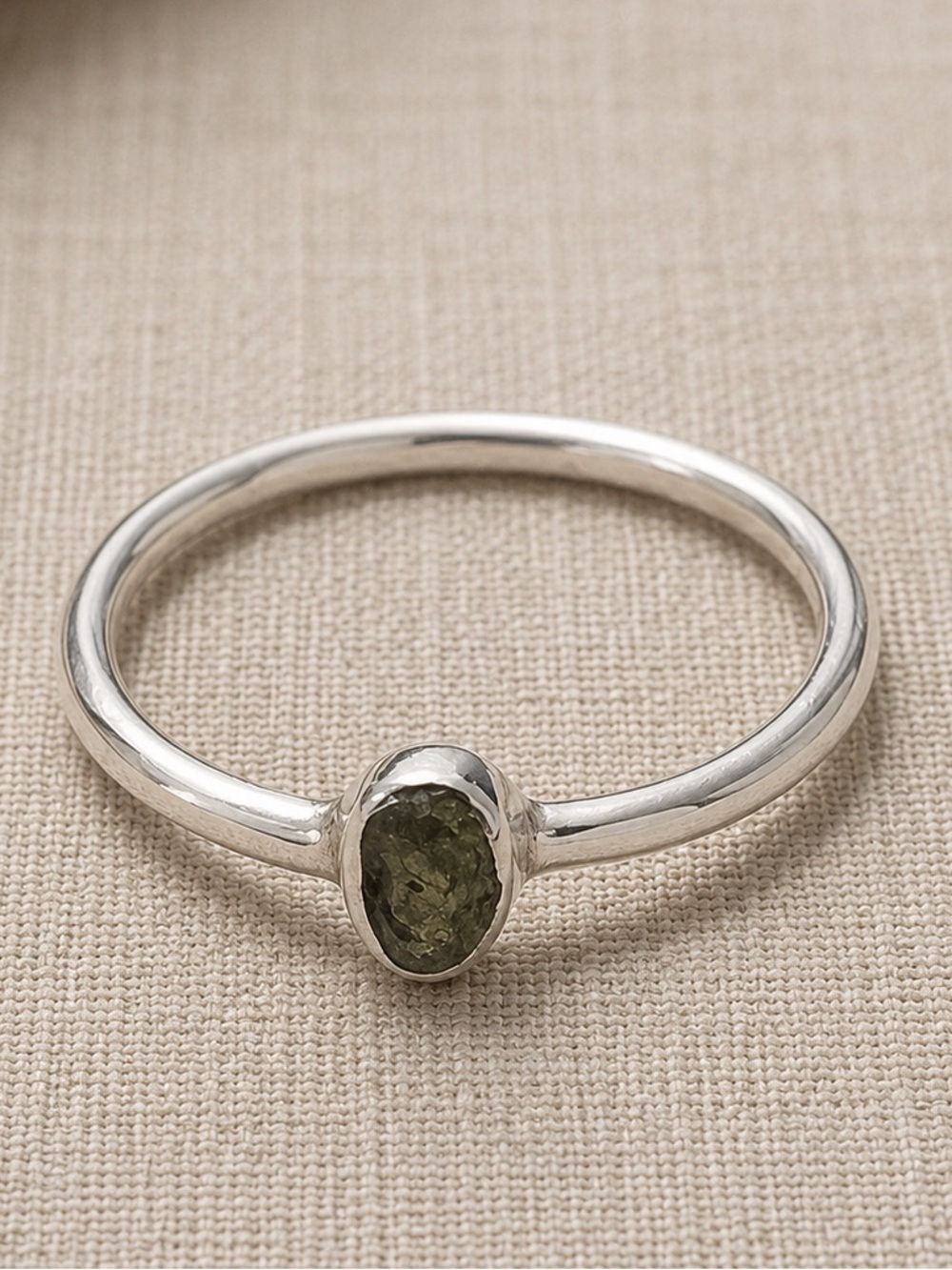 Moldavite Stack Ring Thin Band | 925 Silver Rough Bezel Set Stone Tektite 8 #616 - Picture 2 of 8